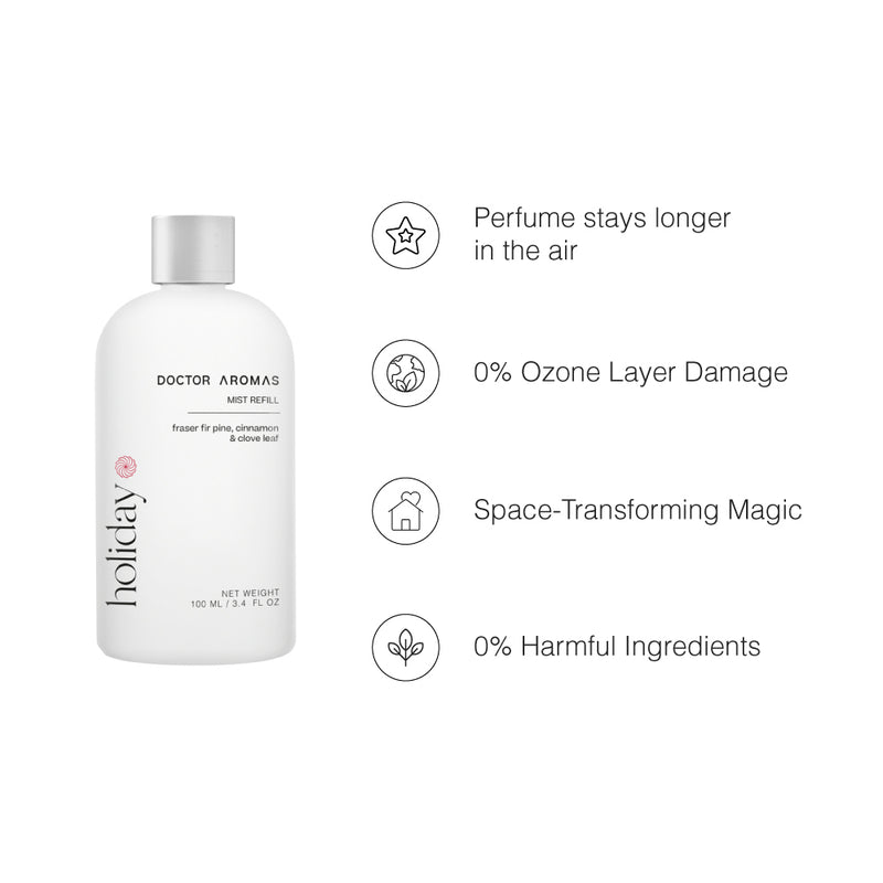Two white cylindrical mist refill bottles with silver caps labeled "Holiday" and "Doctor Aromas," set against a plain white. - Mist Refill Twin Pack | Holiday - Holiday - Doctor Aromas