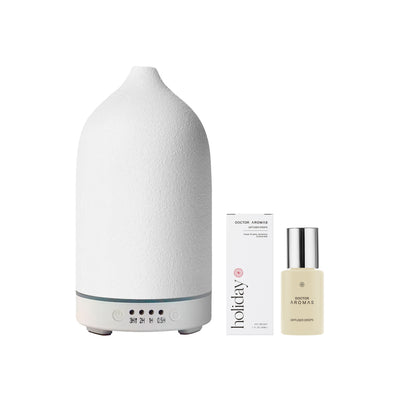 White ceramic aromatherapy stone diffuser with tapered top and LED base lights. - Aromatherapy Stone Diffuser | Holiday - Holiday / White - Doctor Aromas
