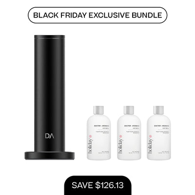 Black cylindrical aroma diffuser with round base and three white 100ml mist refill bottles. - Aroma Diffuser 500 + 3x Mist Refill 100ml | BFCM Exclusive Bundle - Hope / Black - Doctor Aromas