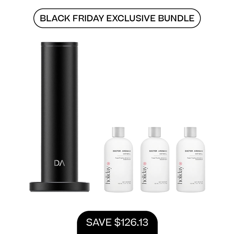 Black cylindrical aroma diffuser with round base and three white 100ml mist refill bottles. - Aroma Diffuser 500 + 3x Mist Refill 100ml | BFCM Exclusive Bundle - Hope / Black - Doctor Aromas