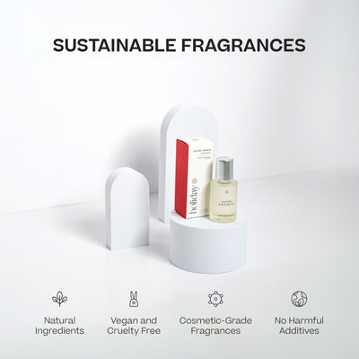 Holiday diffuser drops bottle with red and white packaging on white podium. - Diffuser Drops | Holiday - Holiday - Doctor Aromas