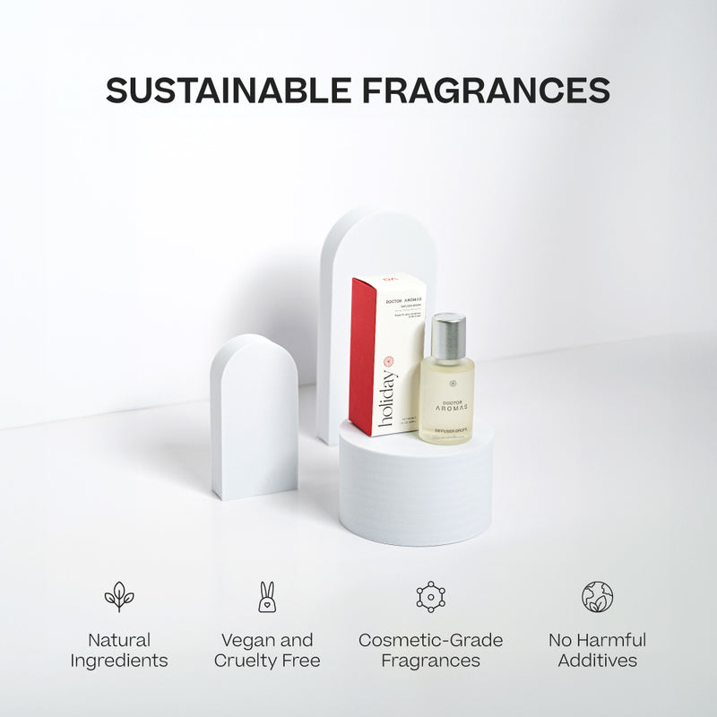 Holiday diffuser drops bottle with red and white packaging on white podium. - Diffuser Drops | Holiday - Holiday - Doctor Aromas