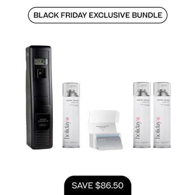 Black A/C scenting system with digital display and three tall white refill bottles labeled Hope and Breezy. - A/C Scenting System Pro + 2x 17.1 OZ Refills | BFCM Exclusive - Hope - Doctor Aromas