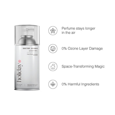 Mini A/C Scenting System spray can with silver cap and holiday label in gray and red text. - Mini A/C Scenting System | Holiday - Holiday - Doctor Aromas