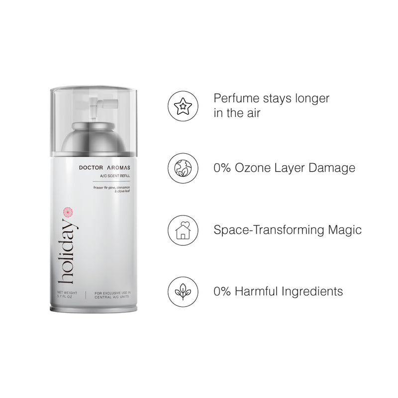 Mini A/C Scenting System spray can with silver cap and holiday label in gray and red text. - Mini A/C Scenting System | Holiday - Holiday - Doctor Aromas