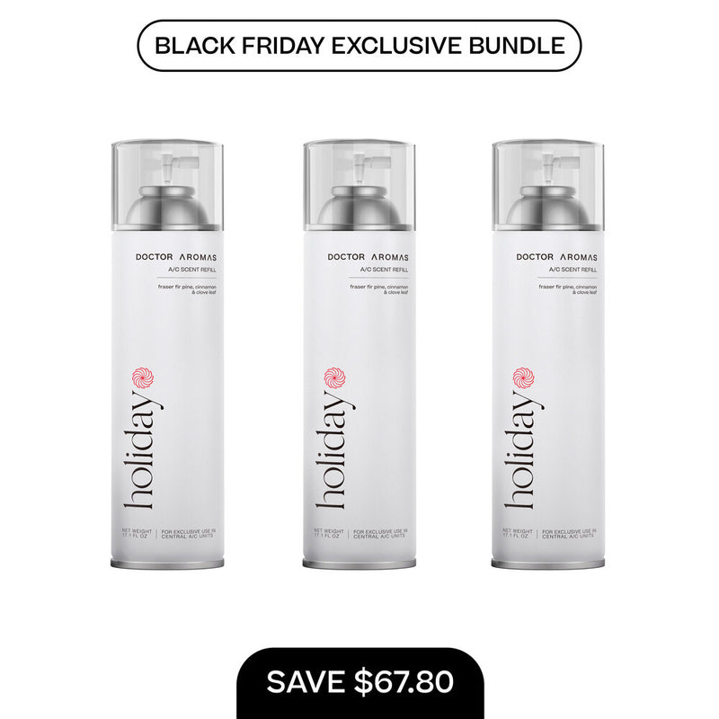 Three white cylindrical A/C scent refill bottles with silver spray tops and minimal black and red text branding. - A/C Scent Refill 17.1 oz x3 | BFCM Exclusive Bundle - Hope - Doctor Aromas