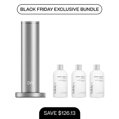 Silver cylindrical aroma diffuser with three clear 100ml mist refill bottles labeled Spa, Spirit, and Dream. - Aroma Diffuser 500 + 3x Mist Refill 100ml | BFCM Exclusive Bundle - Hope / Black - Doctor Aromas