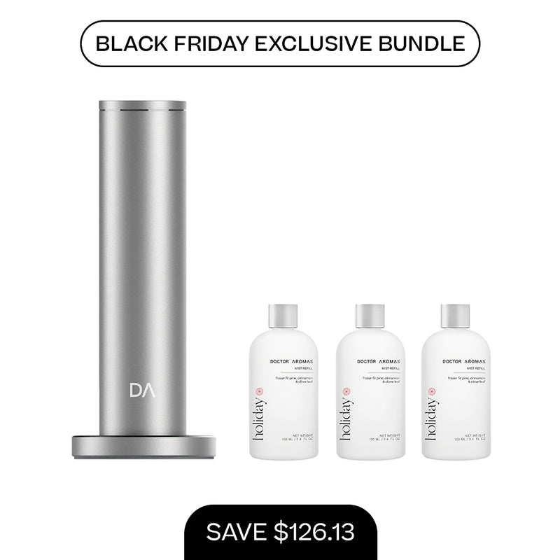 Silver cylindrical aroma diffuser with three clear 100ml mist refill bottles labeled Spa, Spirit, and Dream. - Aroma Diffuser 500 + 3x Mist Refill 100ml | BFCM Exclusive Bundle - Hope / Black - Doctor Aromas