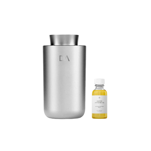 Silver portable scent diffuser with matte finish and small essential oil bottle with yellow liquid. - Portable Scent Diffuser | Hope - Hope / Black - Doctor Aromas