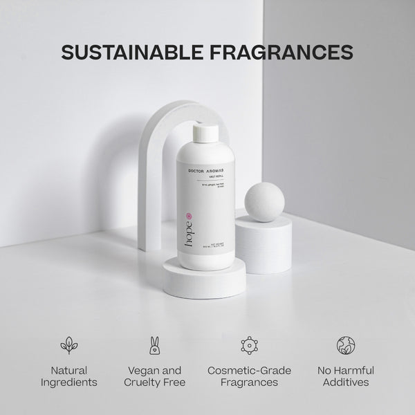Two white cylindrical mist refill bottles labeled Hope on a white curved stand against a minimalist white and gray background. - Mist Refill Twin Pack | Hope - Hope - Doctor Aromas