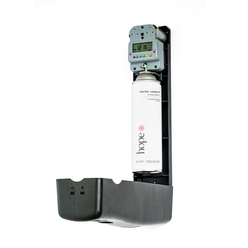Black wall-mounted A/C scenting system with white "Hope" aroma refill bottle inserted. - A/C Scenting System Pro + 2x 17.1 OZ Refills | BFCM Exclusive - Hope - Doctor Aromas