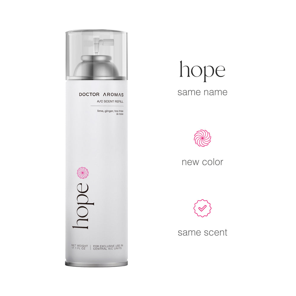 Tall white cylindrical spray can with clear plastic cap, labeled Hope A/C Scent Refill by Doctor Aromas. - A/C Scent Refill | Hope - Hope / 17.1 OZ - Doctor Aromas