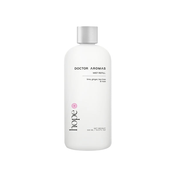 White cylindrical bottle with silver cap, labeled "Doctor Aromas Mist Refill Hope" in minimalist font. - Mist Refill | Hope - Hope / 100 ml - Doctor Aromas