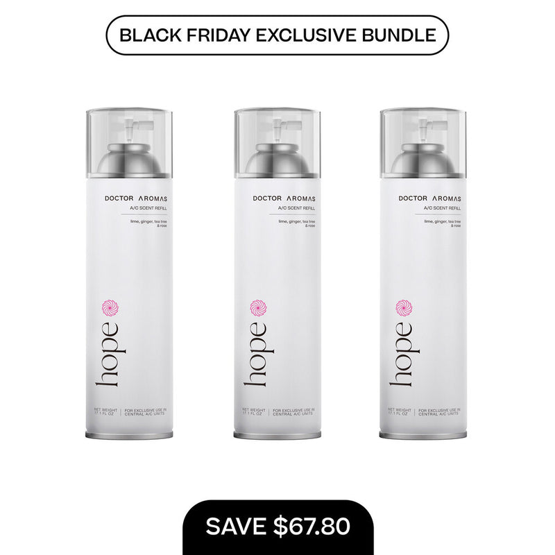 Three white cylindrical A/C scent refill bottles with silver caps, labeled "Hope," arranged side by side against a white. - A/C Scent Refill 17.1 oz x3 | BFCM Exclusive Bundle - Hope - Doctor Aromas