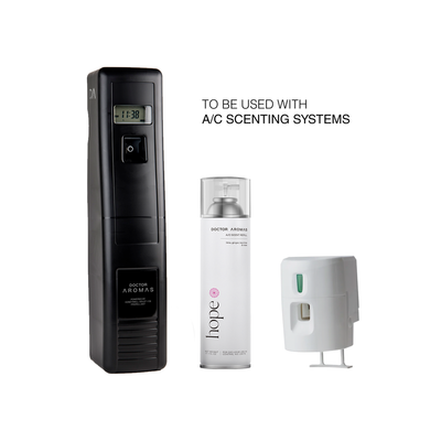 Black vertical A/C scent diffuser with digital display next to white 17.1 oz Hope fragrance refill and compact white plug-in . - A/C Scent Refill 17.1 oz x3 | BFCM Exclusive Bundle - Hope - Doctor Aromas