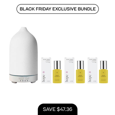 White aromatherapy stone diffuser with rounded top and three yellow diffuser oil bottles with white and silver caps. - Aromatherapy Stone Diffuser + 3x Diffuser Drops | BFCM Exclusive Bundle - Hope / White - Doctor Aromas