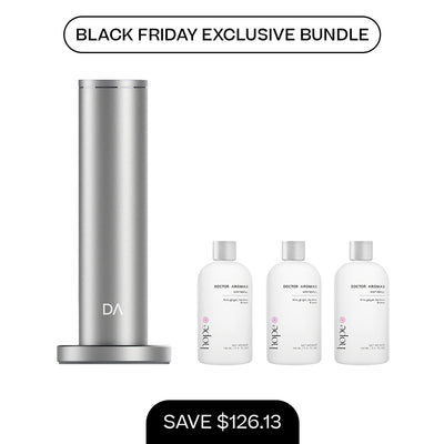 Silver cylindrical aroma diffuser with base, accompanied by three 100ml mist refill bottles in white packaging. - Aroma Diffuser 500 + 3x Mist Refill 100ml | BFCM Exclusive Bundle - Hope / Black - Doctor Aromas