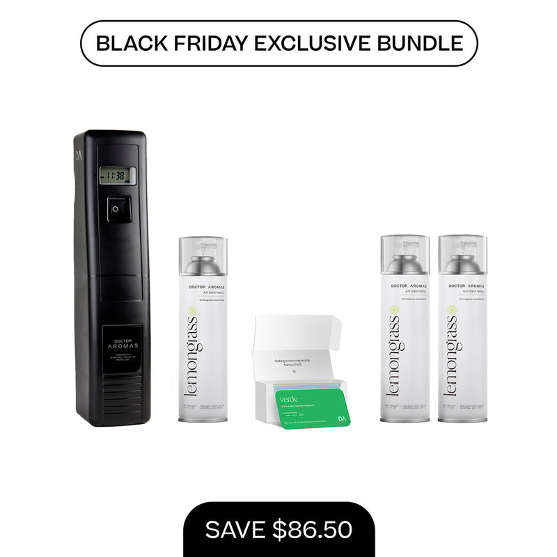 Black vertical A/C scenting system with digital display, two 17.1 oz refill cans, and two small white boxes on white. - A/C Scenting System Pro + 2x 17.1 OZ Refills | BFCM Exclusive - Hope - Doctor Aromas