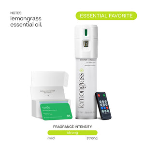 White Doctor Aromas A/C spray dispenser with lemongrass scent label, remote control, and open packaging box. - Doctor Aromas A/C Scenting System - A/C Spray Dispenser with Remote Control, Customizable Scent Experience, Vegan & Cruelty-Free, 17.1 oz Fragrance Oil, Whole Home Freshener, Battery Operated, Non-Toxic, Cosmetic Grade Scents - Hope® - Doctor Aromas