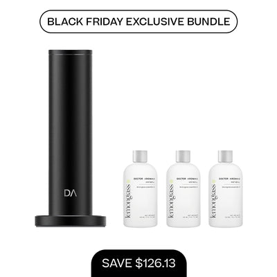 Black cylindrical aroma diffuser with flat base paired with three 100ml white mist refill bottles labeled BFA series. - Aroma Diffuser 500 + 3x Mist Refill 100ml | BFCM Exclusive Bundle - Hope / Black - Doctor Aromas