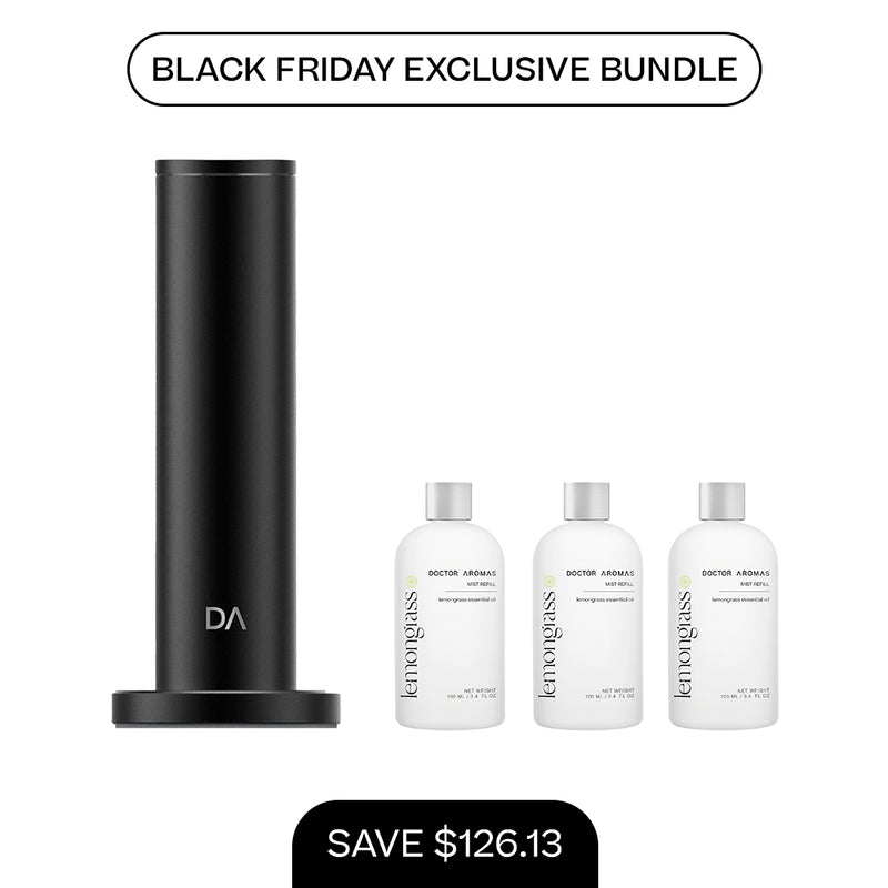 Black cylindrical aroma diffuser with flat base paired with three 100ml white mist refill bottles labeled BFA series. - Aroma Diffuser 500 + 3x Mist Refill 100ml | BFCM Exclusive Bundle - Hope / Black - Doctor Aromas