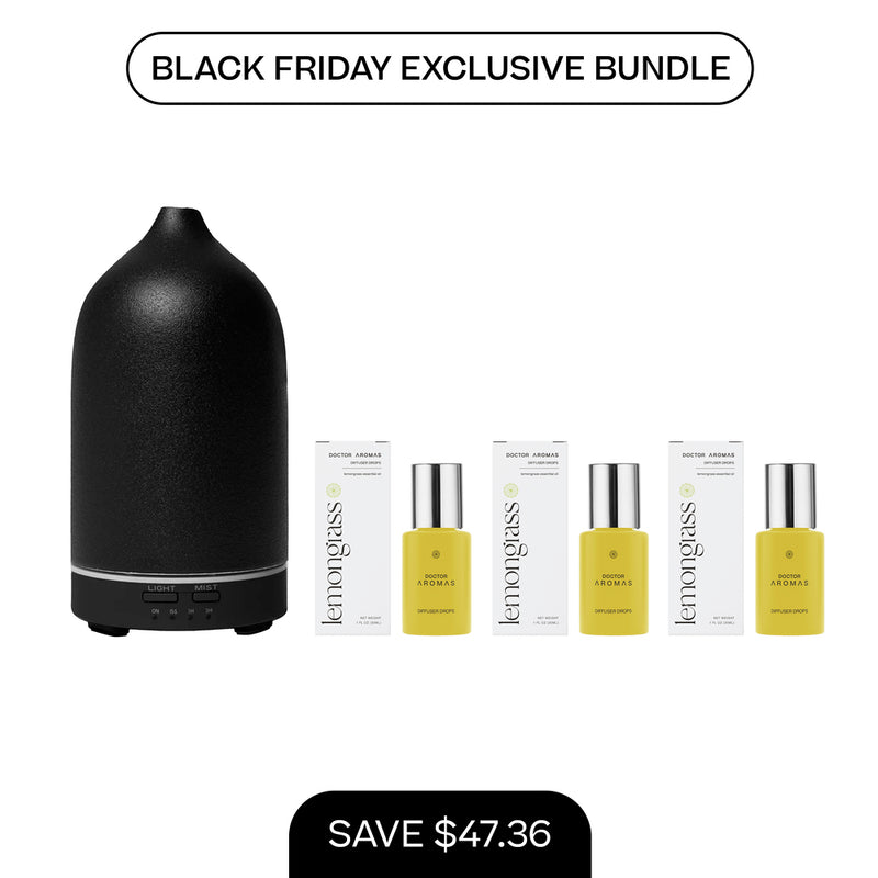 Black matte aromatherapy stone diffuser with three yellow essential oil drops and matching boxes. - Aromatherapy Stone Diffuser + 3x Diffuser Drops | BFCM Exclusive Bundle - Hope / White - Doctor Aromas