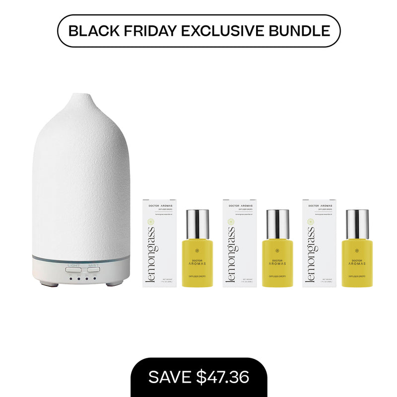 White ceramic aromatherapy stone diffuser with three yellow essential oil bottles and sleek digital controls. - Aromatherapy Stone Diffuser + 3x Diffuser Drops | BFCM Exclusive Bundle - Hope / White - Doctor Aromas