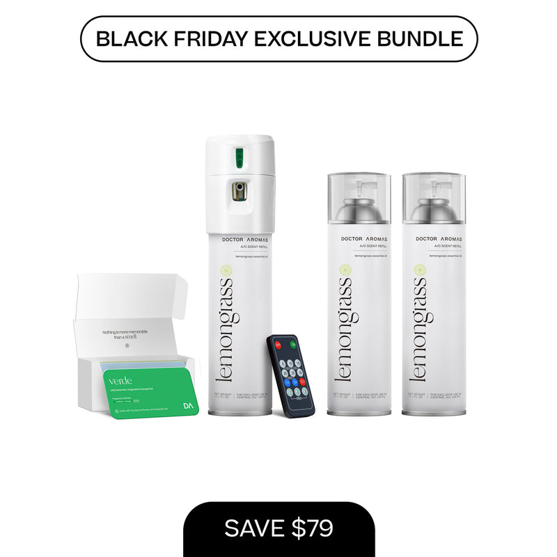 White A/C scenting system with digital display, two 17.1 oz refill cans, remote control, and green scent card in open box. - A/C Scenting System + 2x 17.1 OZ Refills | BFCM Exclusive - Hope - Doctor Aromas