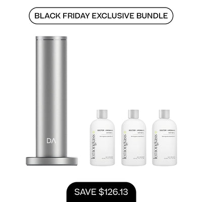 Tall silver cylindrical aroma diffuser with three 100ml white mist refill bottles and minimalist design. - Aroma Diffuser 500 + 3x Mist Refill 100ml | BFCM Exclusive Bundle - Hope / Black - Doctor Aromas