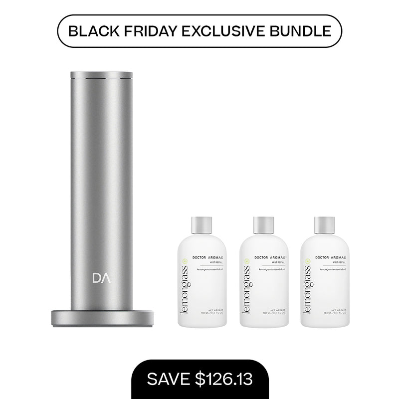 Tall silver cylindrical aroma diffuser with three 100ml white mist refill bottles and minimalist design. - Aroma Diffuser 500 + 3x Mist Refill 100ml | BFCM Exclusive Bundle - Hope / Black - Doctor Aromas
