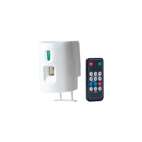 White compact automatic dispenser with sensor and black remote control with colorful buttons. - DA | Mini Dispenser - Default Title - Doctor Aromas