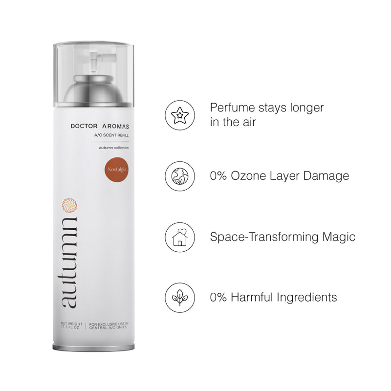 Tall white aerosol spray can labeled "autumn" with orange-brown accent and "Doctor Aromas" branding. - A/C Scenting System Pro | Nostalgia - Nostalgia - Doctor Aromas