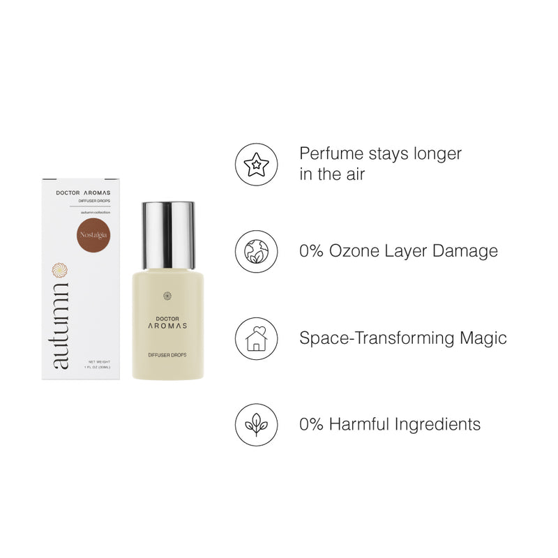 Cream-colored diffuser drop bottle with silver cap next to white packaging box labeled Autumn, Nostalgia variant. - Diffuser Drops Twin Pack | Nostalgia - Nostalgia - Doctor Aromas