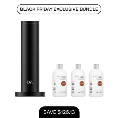 Tall matte black cylindrical aroma diffuser on circular base with three 100ml white mist refill bottles labeled in brown text. - Aroma Diffuser 500 + 3x Mist Refill 100ml | BFCM Exclusive Bundle - Hope / Black - Doctor Aromas