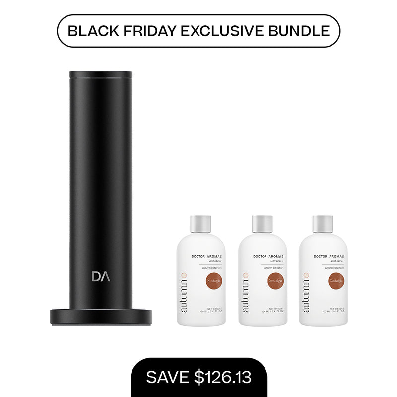 Tall matte black cylindrical aroma diffuser on circular base with three 100ml white mist refill bottles labeled in brown text. - Aroma Diffuser 500 + 3x Mist Refill 100ml | BFCM Exclusive Bundle - Hope / Black - Doctor Aromas