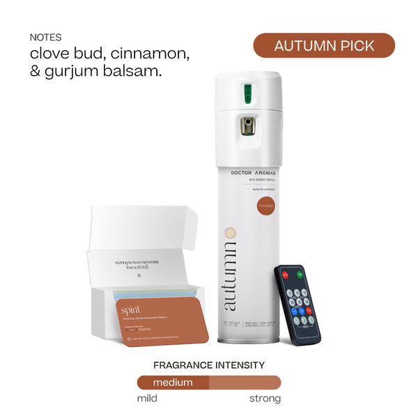 White Doctor Aromas A/C Scenting System bottle with remote and Autumn scent card showing clove bud, cinnamon, and gurjum. - Doctor Aromas A/C Scenting System - A/C Spray Dispenser with Remote Control, Customizable Scent Experience, Vegan & Cruelty-Free, 17.1 oz Fragrance Oil, Whole Home Freshener, Battery Operated, Non-Toxic, Cosmetic Grade Scents - Hope® - Doctor Aromas