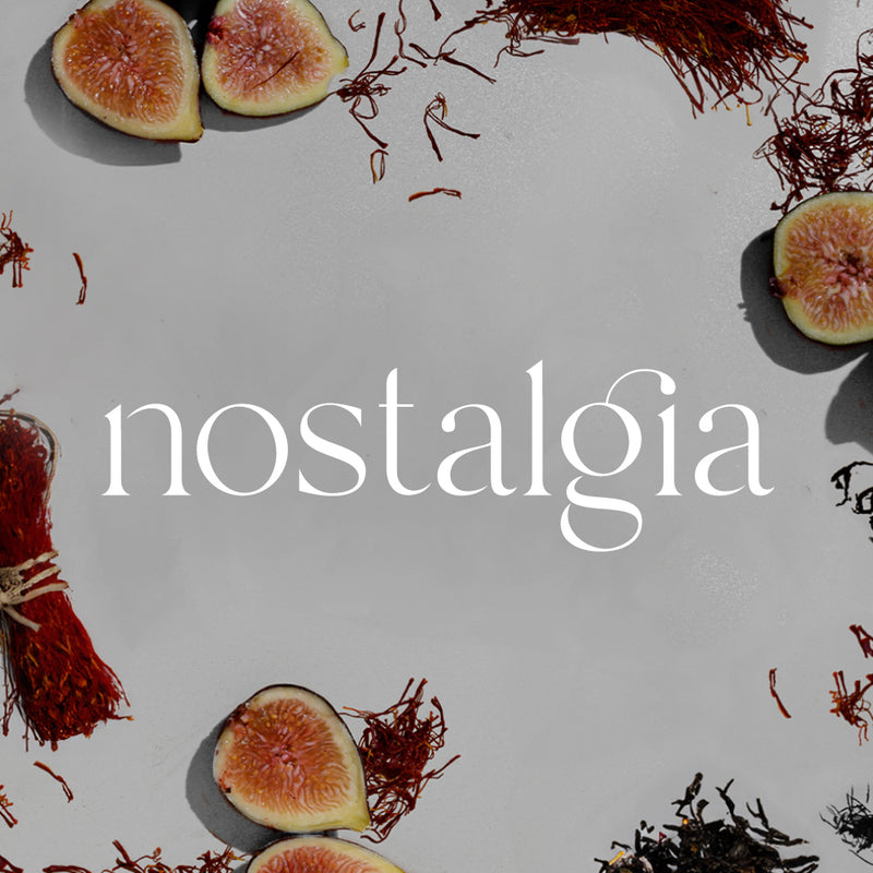 Halved fresh figs surrounded by scattered red saffron threads on gray background with Nostalgia text overlay. - Seasonal Set | Fall Set - Fall Set - Doctor Aromas