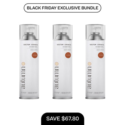 Three white autumn air conditioning scent refill cans with silver caps arranged side by side on white background. - A/C Scent Refill 17.1 oz x3 | BFCM Exclusive Bundle - Hope - Doctor Aromas