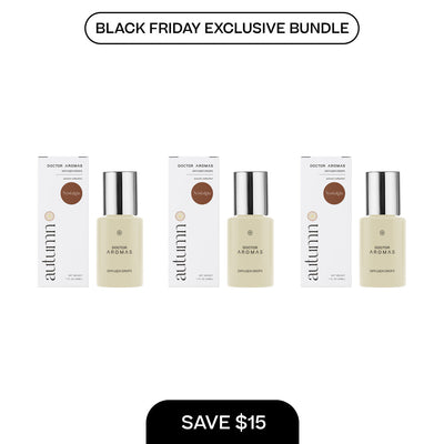 Three beige diffuser drop bottles with silver caps, each paired with a white rectangular box labeled Autumn, arranged in a. - Diffuser Drops x3 | BFCM Exclusive Bundle - Hope - Doctor Aromas