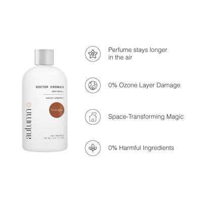 White bottle of Doctor Aromas Plug-In Diffuser refill with silver cap and orange "autumn" label. - Plug-In Diffuser | Nostalgia - Nostalgia - Doctor Aromas
