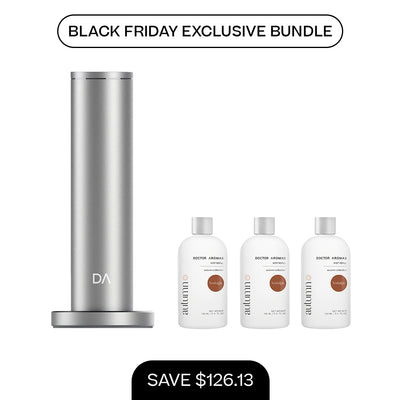 Silver cylindrical aroma diffuser with base and three 100ml mist refill bottles labeled coffee, white tea, and vanilla. - Aroma Diffuser 500 + 3x Mist Refill 100ml | BFCM Exclusive Bundle - Hope / Black - Doctor Aromas
