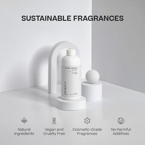 Two white cylindrical mist refill bottles labeled Peace on a white curved stand with a spherical white decor on a pedestal. - Mist Refill Twin Pack | Peace - Peace - Doctor Aromas