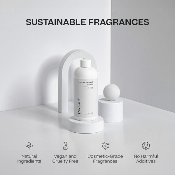 Two white cylindrical mist refill bottles labeled Peace on a white curved stand with a spherical white decor on a pedestal. - Mist Refill Twin Pack | Peace - Peace - Doctor Aromas