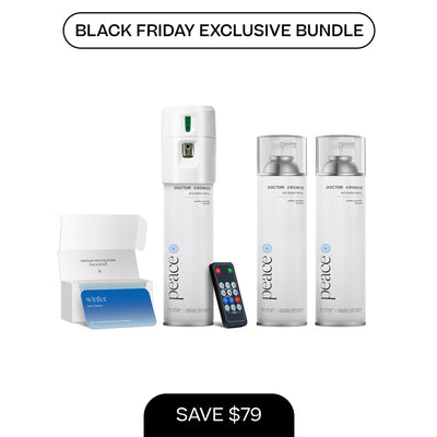 White A/C scenting system with remote and two 17.1 oz Peace refills in sleek white bottles with blue text. - A/C Scenting System + 2x 17.1 OZ Refills | BFCM Exclusive - Hope - Doctor Aromas