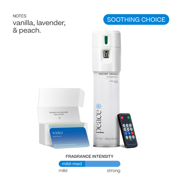 Doctor Aromas Peace A/C spray dispenser in white with remote and blue scent refill box labeled vanilla, lavender, and peach. - Doctor Aromas A/C Scenting System - A/C Spray Dispenser with Remote Control, Customizable Scent Experience, Vegan & Cruelty-Free, 17.1 oz Fragrance Oil, Whole Home Freshener, Battery Operated, Non-Toxic, Cosmetic Grade Scents - Hope® - Doctor Aromas