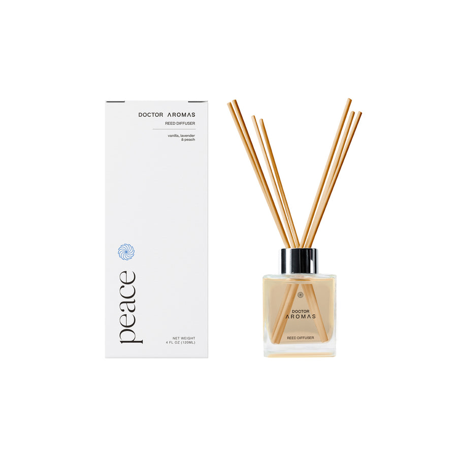 Clear square glass oil reed diffuser with light beige liquid and black cap, labeled "Peace," next to white box packaging.