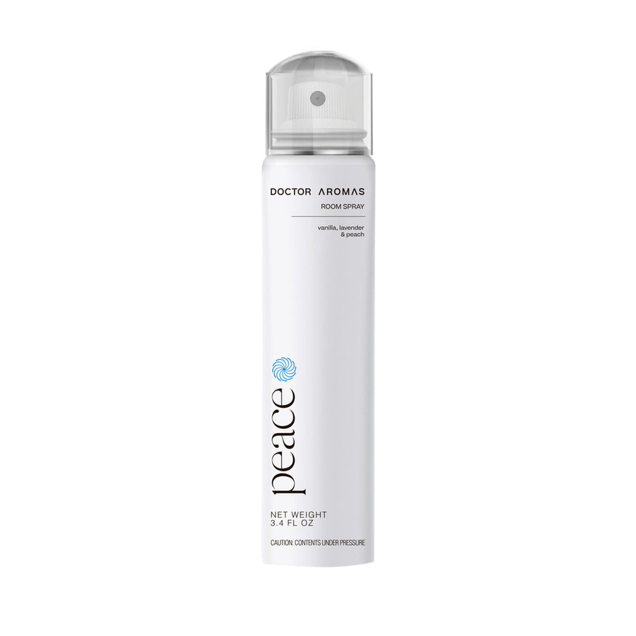 Tall white cylindrical room spray bottle with transparent cap and black text reading "Peace" and "Doctor Aromas". - Room Spray | Peace - Peace - Doctor Aromas