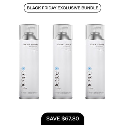 Three tall white A/C scent refill bottles labeled Peace with clear caps in a Black Friday exclusive bundle. - A/C Scent Refill 17.1 oz x3 | BFCM Exclusive Bundle - Hope - Doctor Aromas