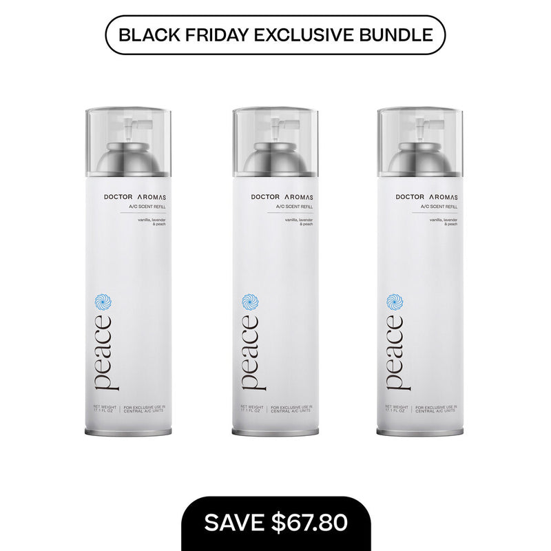 Three tall white A/C scent refill bottles labeled Peace with clear caps in a Black Friday exclusive bundle. - A/C Scent Refill 17.1 oz x3 | BFCM Exclusive Bundle - Hope - Doctor Aromas