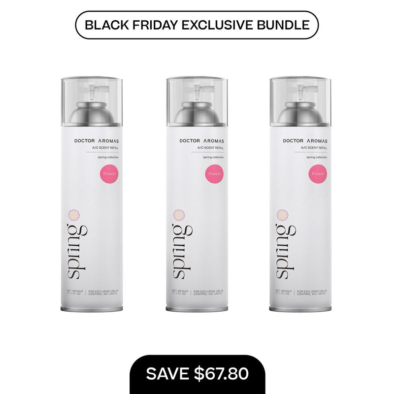 Three clear cylindrical air conditioner scent refill bottles with white labels and pink circular logos, arranged side by. - A/C Scent Refill 17.1 oz x3 | BFCM Exclusive Bundle - Hope - Doctor Aromas